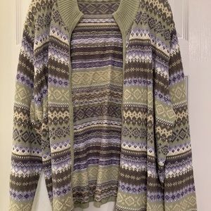 Green, tan, white striped zipper sweater. From Dress Barn size 22-24